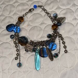 Women Vintage silver and blue bead charms and chain bracelet Y2K beaded